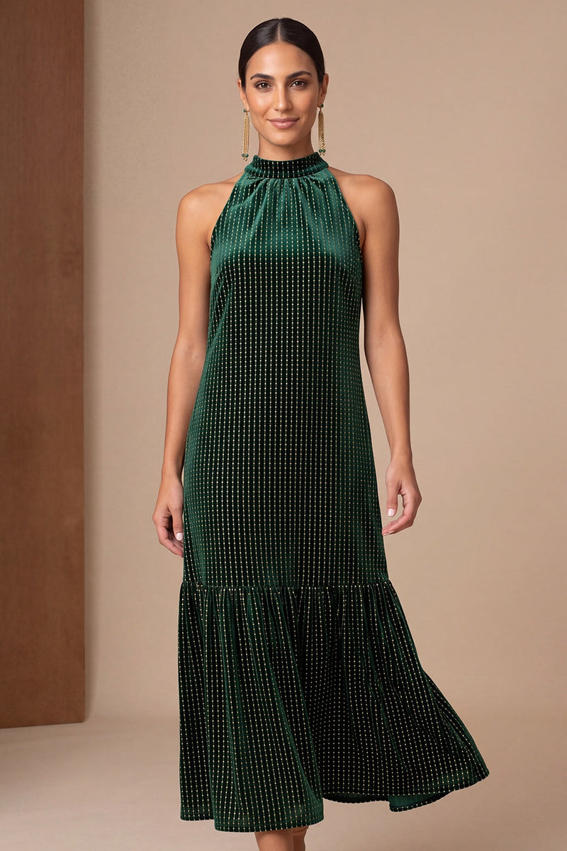 Load image into Gallery viewer, Dark Green Beaded Ruffled Velvet Sheath High Neck Long Formal Dress