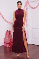 Load image into Gallery viewer, Burgundy Sheath High Neck Beaded Velvet Maxi Formal Dress with Slit