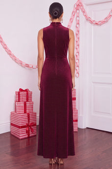 Burgundy Sheath High Neck Beaded Velvet Maxi Formal Dress with Slit