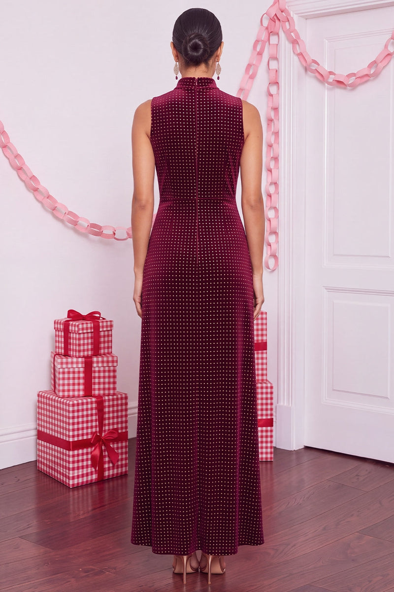 Load image into Gallery viewer, Burgundy Sheath High Neck Beaded Velvet Maxi Formal Dress with Slit