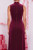 Load image into Gallery viewer, Burgundy Sheath High Neck Beaded Velvet Maxi Formal Dress with Slit