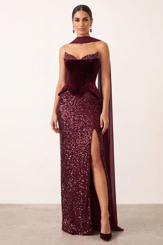 Sparkly Burgundy Mermaid Sequin Strapless Long Formal Dress with Neck Scraf