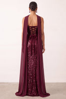 Load image into Gallery viewer, Sparkly Burgundy Mermaid Sequin Strapless Long Formal Dress with Neck Scraf