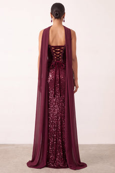 Sparkly Burgundy Mermaid Sequin Strapless Long Formal Dress with Neck Scraf