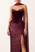Load image into Gallery viewer, Sparkly Burgundy Mermaid Sequin Strapless Long Formal Dress with Neck Scraf