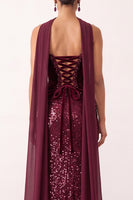 Load image into Gallery viewer, Sparkly Burgundy Mermaid Sequin Strapless Long Formal Dress with Neck Scraf