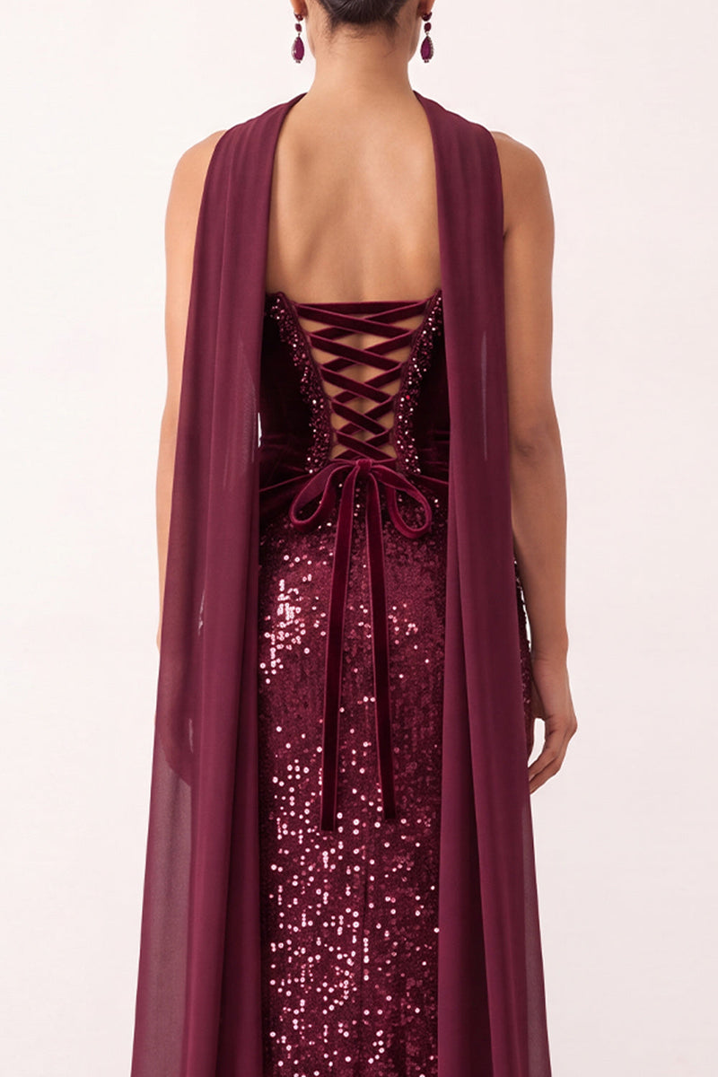 Load image into Gallery viewer, Sparkly Burgundy Mermaid Sequin Strapless Long Formal Dress with Neck Scraf