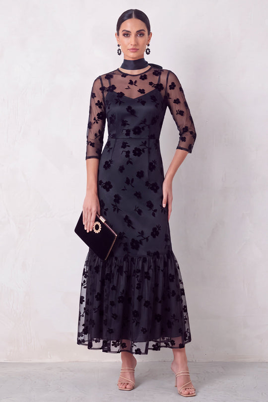 Floral Black Ruffled Round Neck 3/4 Sleeves Long Formal Dress with Neck Scarf