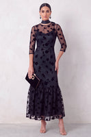 Load image into Gallery viewer, Floral Black Ruffled Round Neck 3/4 Sleeves Long Formal Dress with Neck Scarf