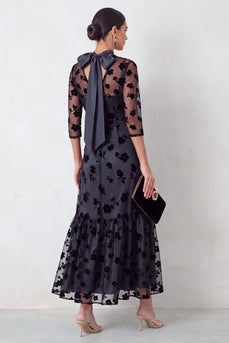Floral Black Ruffled Round Neck 3/4 Sleeves Long Formal Dress with Neck Scarf