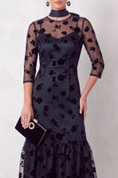 Load image into Gallery viewer, Floral Black Ruffled Round Neck 3/4 Sleeves Long Formal Dress with Neck Scarf