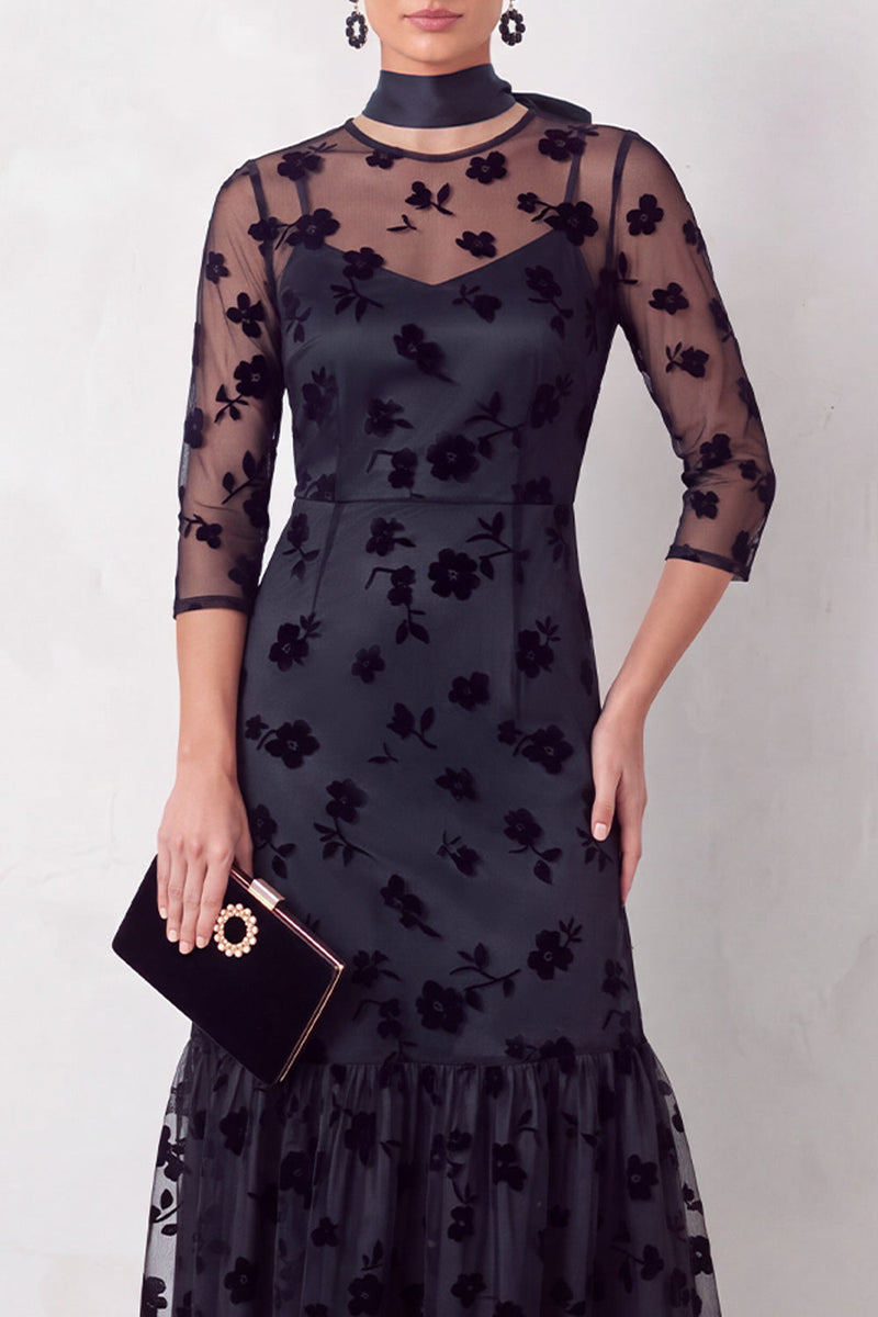 Load image into Gallery viewer, Floral Black Ruffled Round Neck 3/4 Sleeves Long Formal Dress with Neck Scarf
