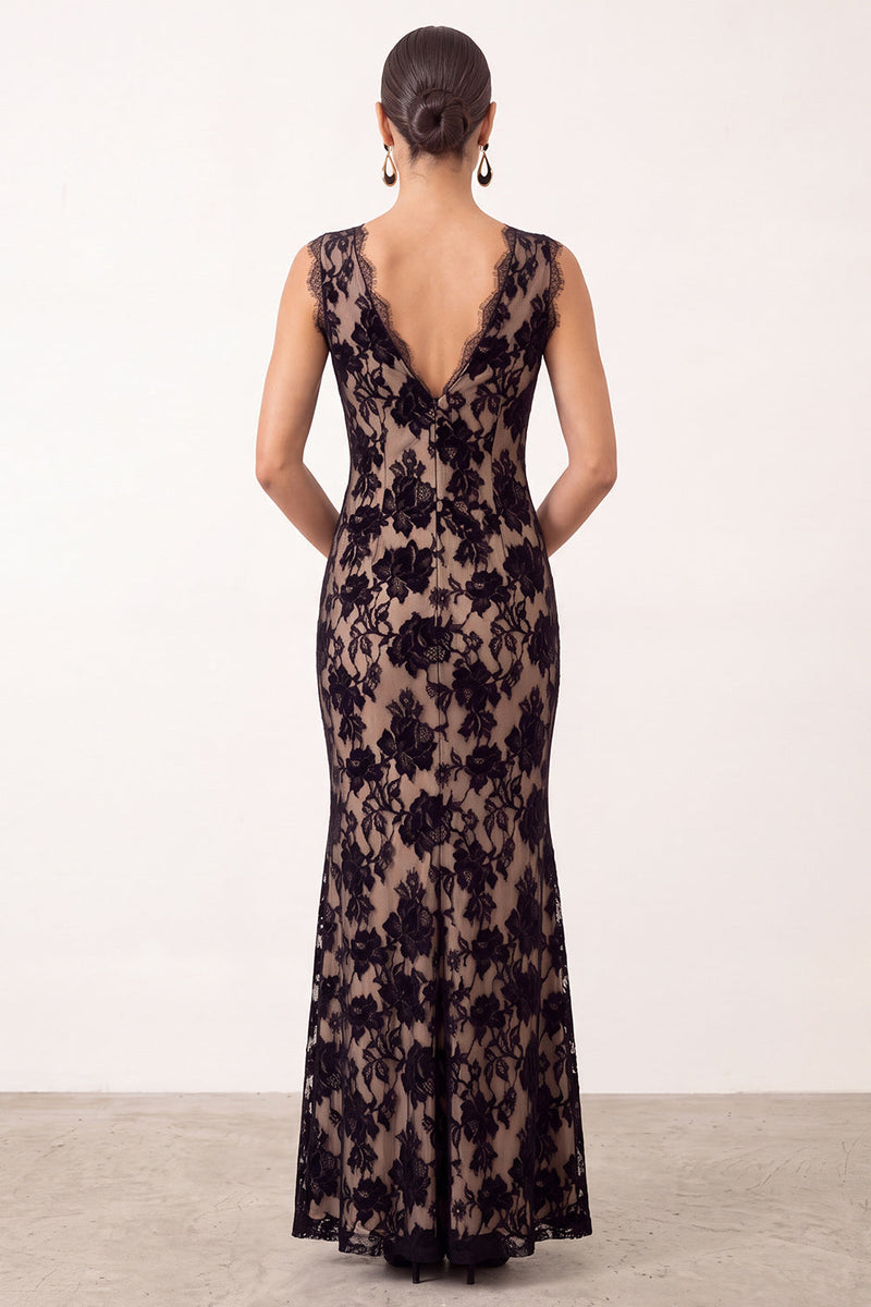 Load image into Gallery viewer, Black Floral Mermaid V-Neck Lace Long Formal Dress