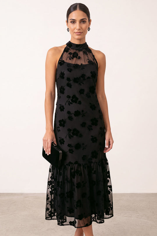 Floral Black Ruffled High Neck Sheath Long Formal Dress