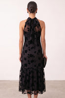 Load image into Gallery viewer, Floral Black Ruffled High Neck Sheath Long Formal Dress
