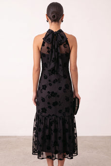 Floral Black Ruffled High Neck Sheath Long Formal Dress