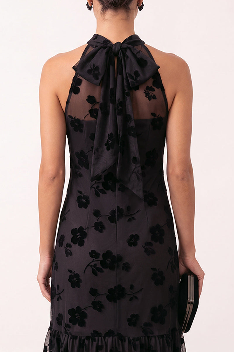 Load image into Gallery viewer, Floral Black Ruffled High Neck Sheath Long Formal Dress