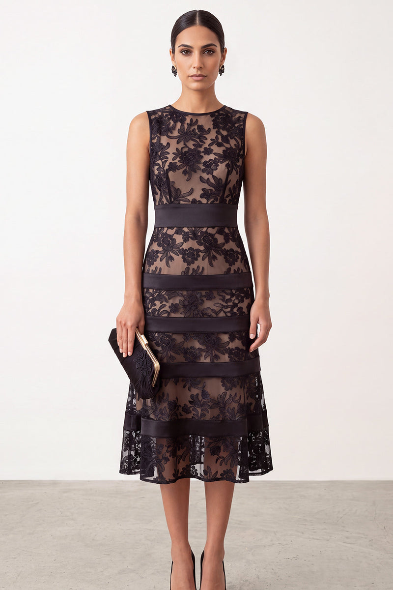 Load image into Gallery viewer, Black Round Neck Bodycon Midi Formal Dress