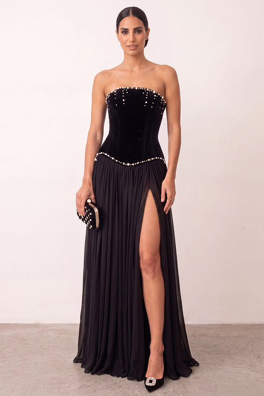 Black Corset A Line Beaded Strapless Long Formal Dress with Slit