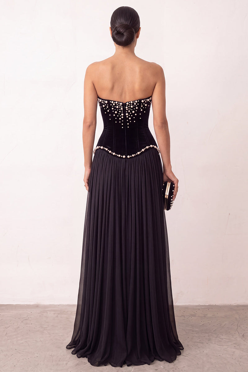 Load image into Gallery viewer, Black Corset A Line Beaded Strapless Long Formal Dress with Slit