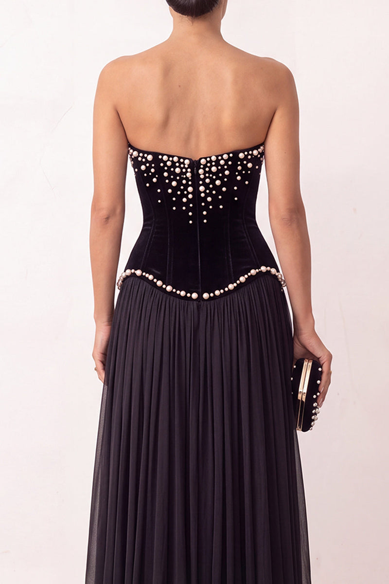 Load image into Gallery viewer, Black Corset A Line Beaded Strapless Long Formal Dress with Slit