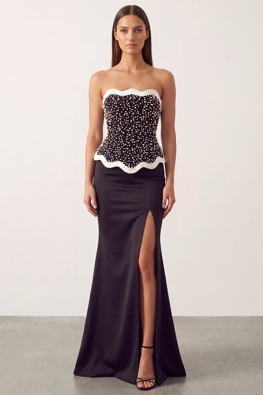 Sparkly Black White Mermaid Beaded Satin Long Formal Dress with Slit