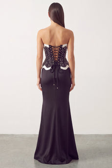 Sparkly Black White Mermaid Beaded Satin Long Formal Dress with Slit