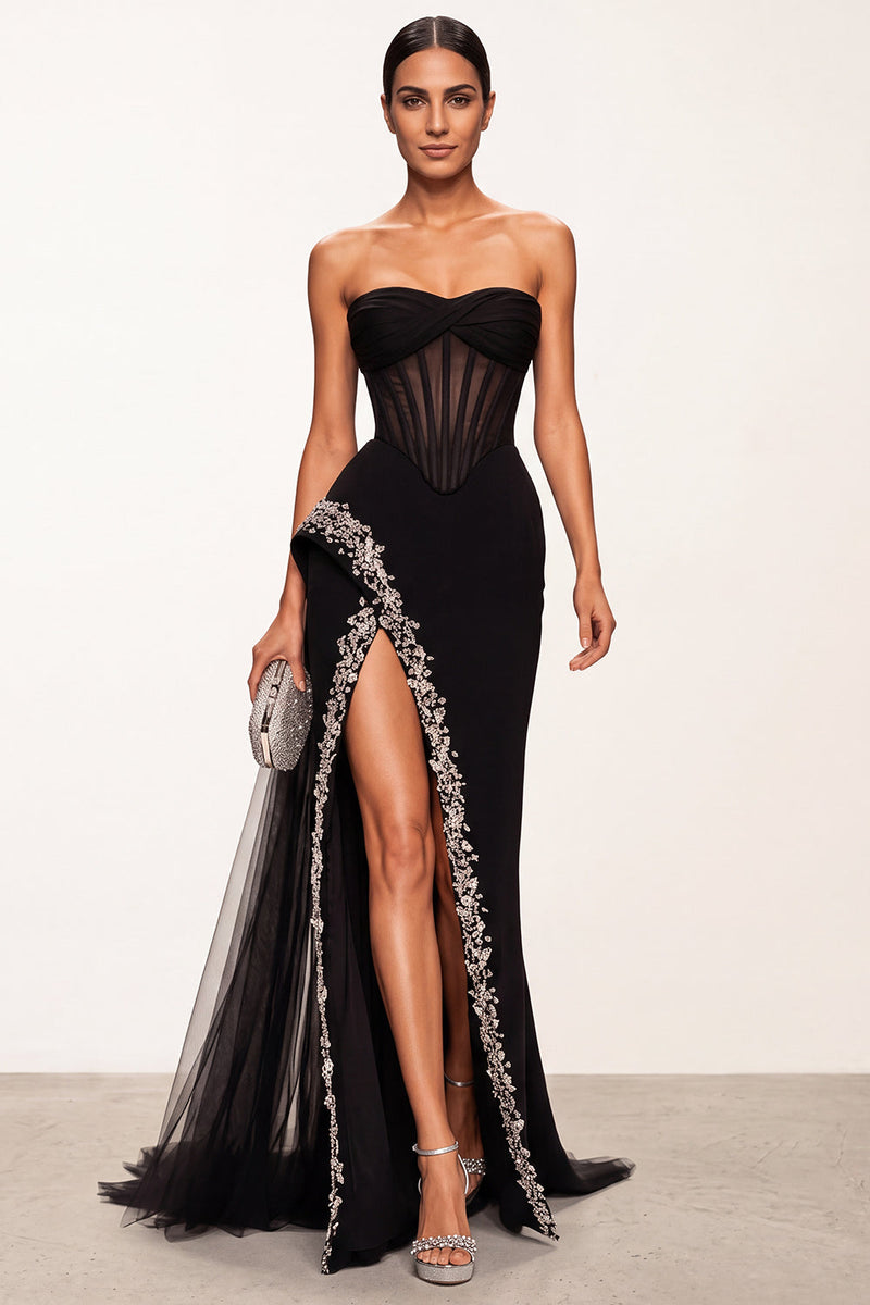 Load image into Gallery viewer, Black Corset Beaded Sweetheart Mermaid Long Formal Dress with Slit