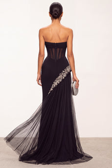 Black Corset Beaded Sweetheart Mermaid Long Formal Dress with Slit