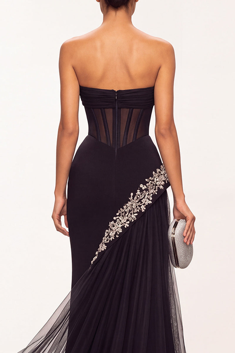 Load image into Gallery viewer, Black Corset Beaded Sweetheart Mermaid Long Formal Dress with Slit
