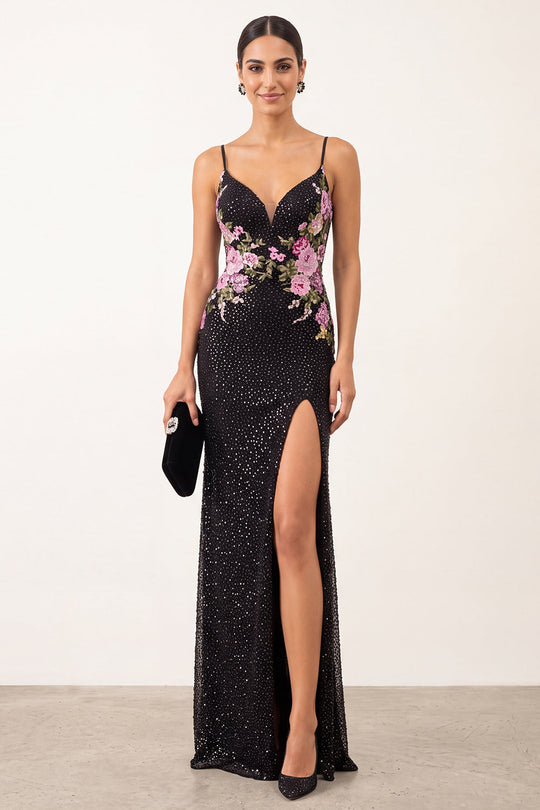 Sparkly Black Beaded Mermaid Floral Long Formal Dress with Slit