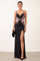 Load image into Gallery viewer, Sparkly Black Beaded Mermaid Floral Long Formal Dress with Slit