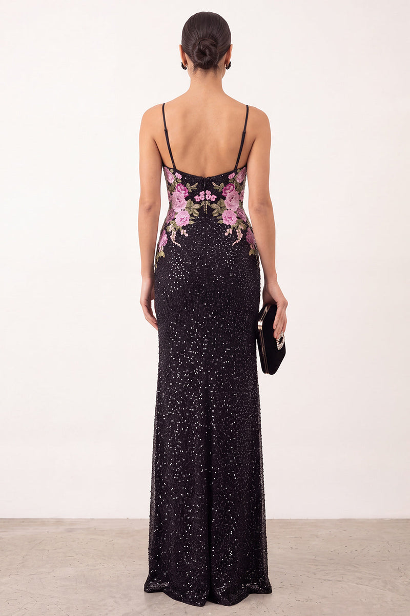 Load image into Gallery viewer, Sparkly Black Beaded Mermaid Floral Long Formal Dress with Slit