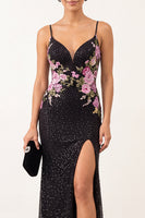 Load image into Gallery viewer, Sparkly Black Beaded Mermaid Floral Long Formal Dress with Slit