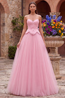 Load image into Gallery viewer, Sparkly Pink Floral Beaded A Line Sweetheart Tulle Long Prom Dress