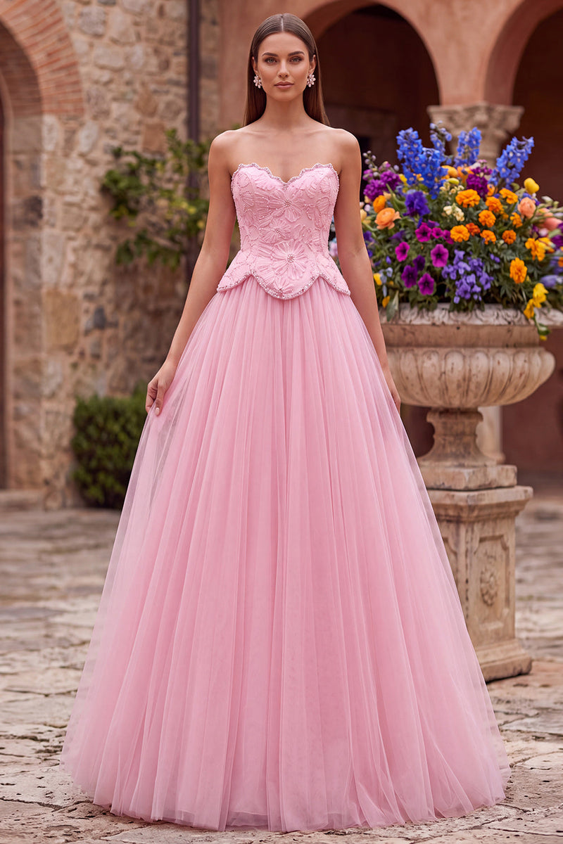 Load image into Gallery viewer, Sparkly Pink Floral Beaded A Line Sweetheart Tulle Long Prom Dress