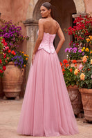 Load image into Gallery viewer, Sparkly Pink Floral Beaded A Line Sweetheart Tulle Long Prom Dress