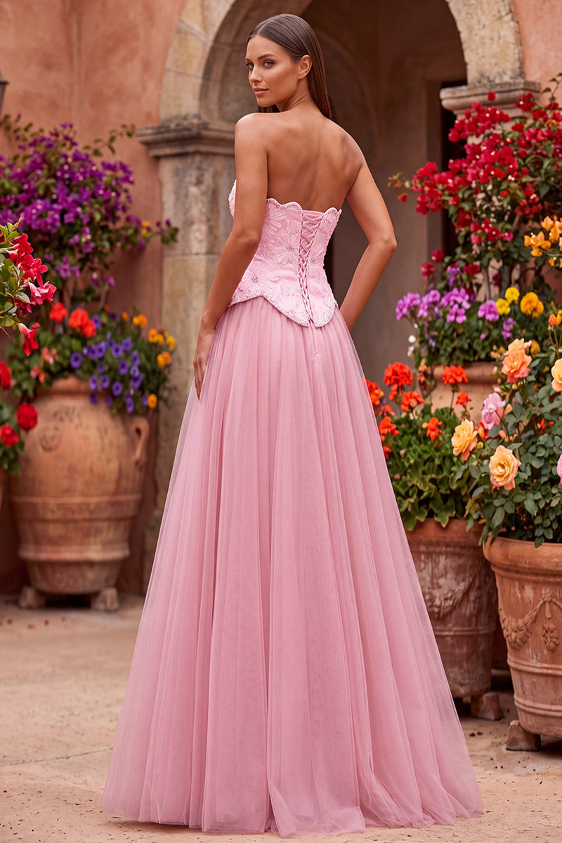 Load image into Gallery viewer, Sparkly Pink Floral Beaded A Line Sweetheart Tulle Long Prom Dress