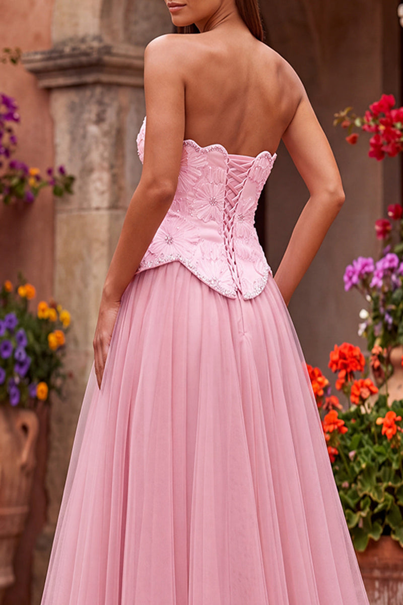 Load image into Gallery viewer, Sparkly Pink Floral Beaded A Line Sweetheart Tulle Long Prom Dress