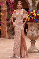 Load image into Gallery viewer, Sparkly Blush Corset Mermaid Floral Beaded Long Prom Dress with Slit