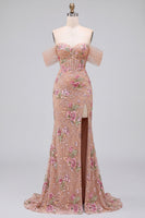 Load image into Gallery viewer, Sparkly Blush Corset Mermaid Floral Beaded Long Prom Dress with Slit