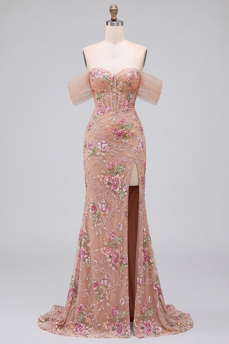 Load image into Gallery viewer, Sparkly Blush Corset Mermaid Floral Beaded Long Prom Dress with Slit