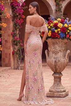 Sparkly Blush Corset Mermaid Floral Beaded Long Prom Dress with Slit