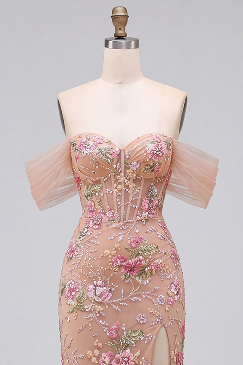 Load image into Gallery viewer, Sparkly Blush Corset Mermaid Floral Beaded Long Prom Dress with Slit
