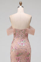 Load image into Gallery viewer, Sparkly Blush Corset Mermaid Floral Beaded Long Prom Dress with Slit