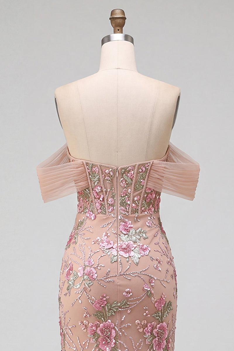 Load image into Gallery viewer, Sparkly Blush Corset Mermaid Floral Beaded Long Prom Dress with Slit