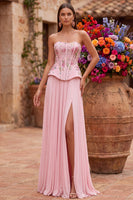 Load image into Gallery viewer, Sparkly Pink Floral Corset Beaded Strapless Pleated Chiffon Long Prom Dress with Slit