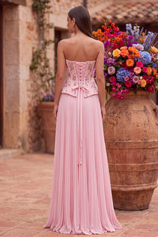 Sparkly Pink Floral Corset Beaded Strapless Pleated Chiffon Long Prom Dress with Slit