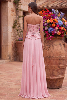 Sparkly Pink Floral Corset Beaded Strapless Pleated Chiffon Long Prom Dress with Slit