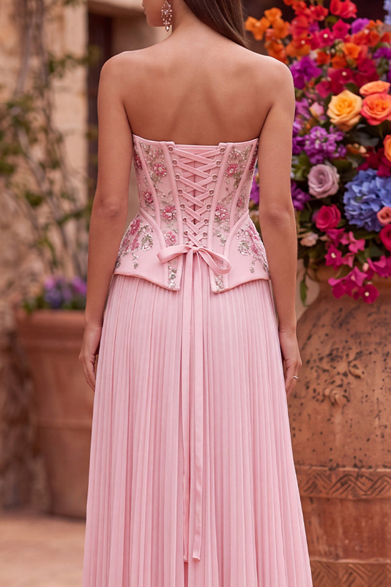 Load image into Gallery viewer, Sparkly Pink Floral Corset Beaded Strapless Pleated Chiffon Long Prom Dress with Slit